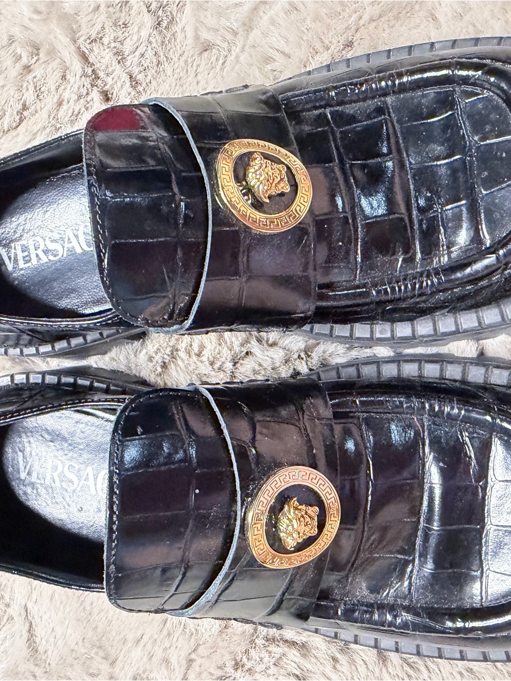 Versace Black Croc-Embossed Leather Loafers with Gold Medallion